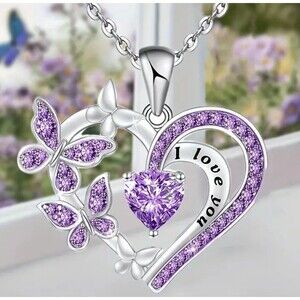 Silver I love you purple heart necklace with butterflies